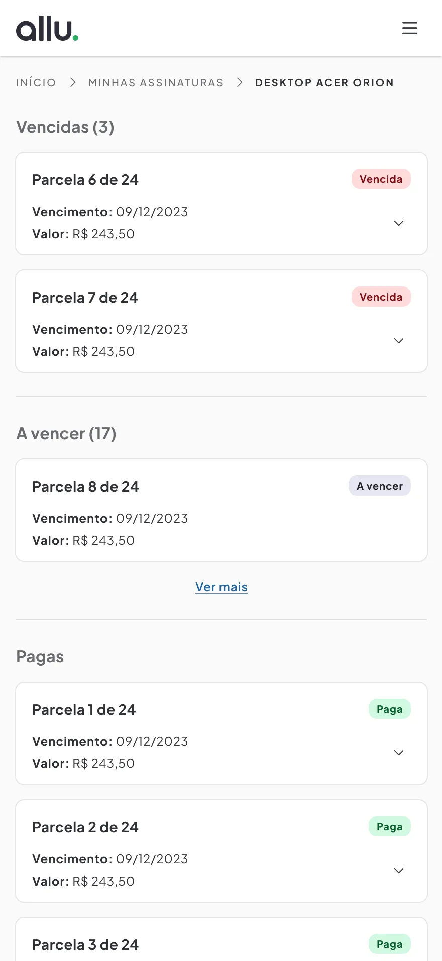 Recurring payments: shipped screen 3