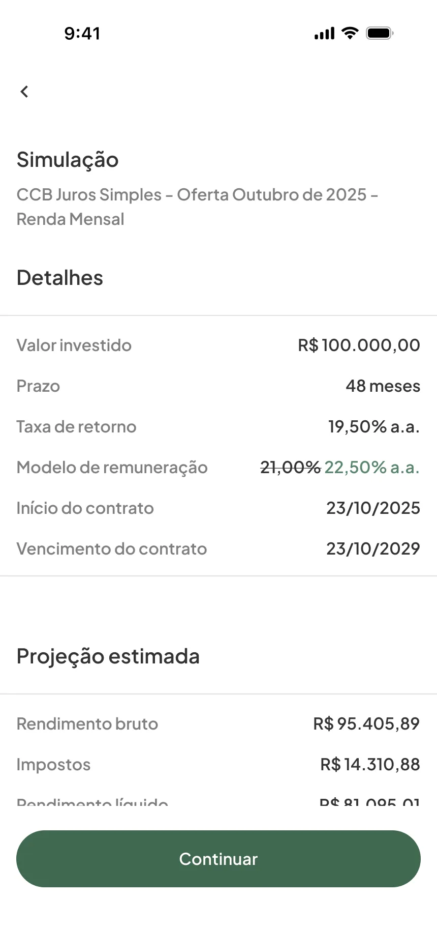 Investment app, contract and payment, step 1: Simulation