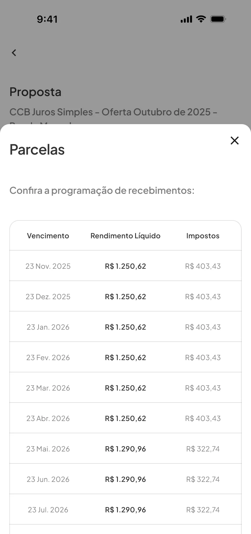 Investment app, contract and payment, step 2: Installments
