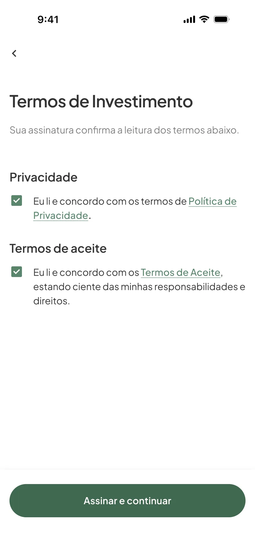 Investment app, contract and payment, step 3: Terms