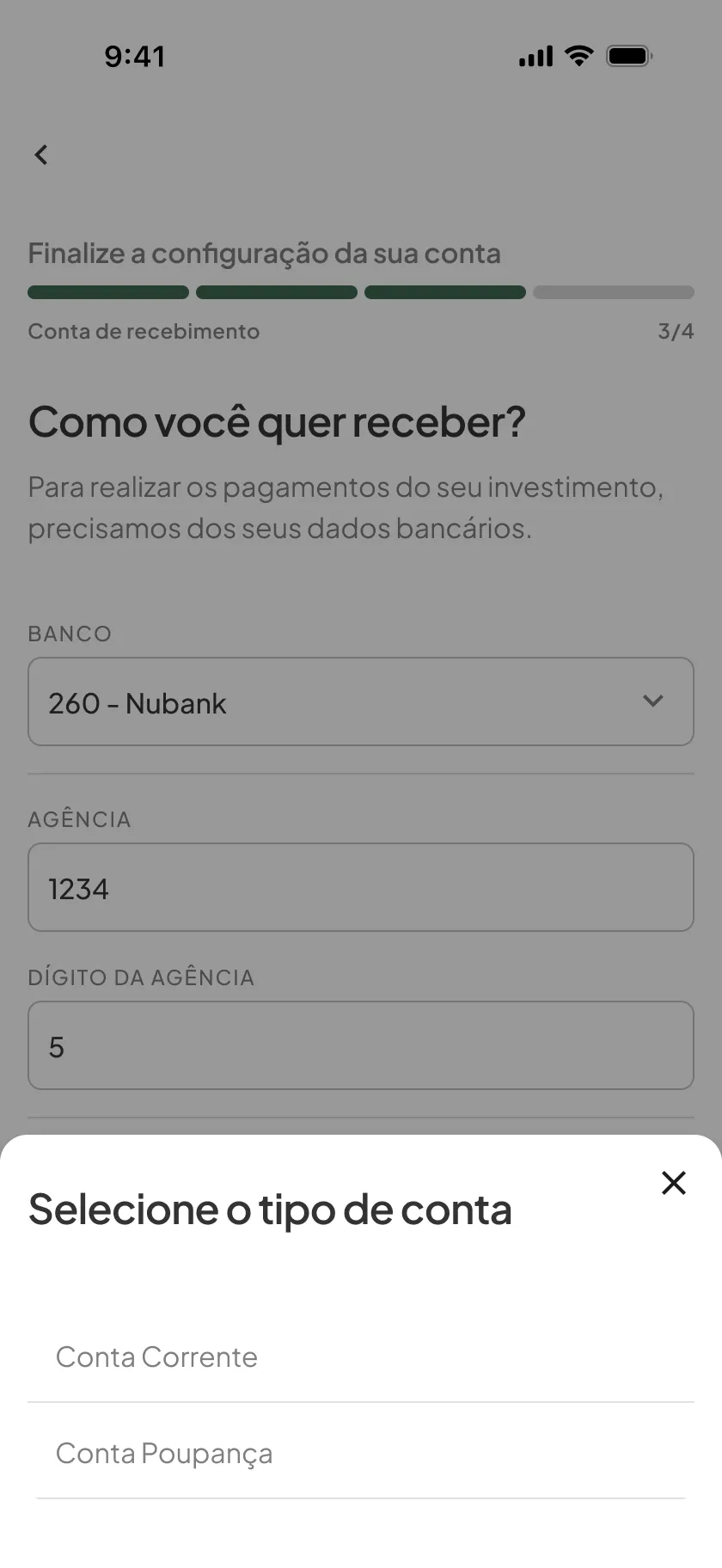 Investment app, registration, step 4: Payout account